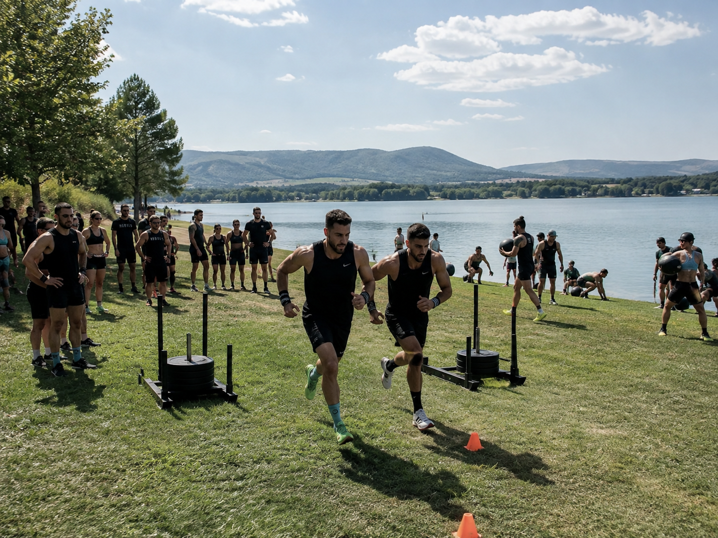 Atletes entrenant a la vora de l'Estany de Banyoles